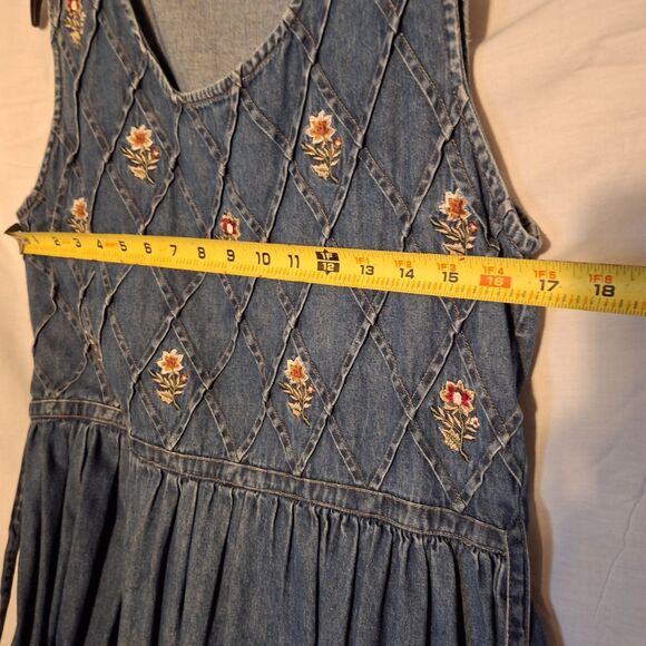 Vtg STYLE Denim Dress Sz L Sleeveless Floral Embroidered Flared Waist Tie 79552 - Picture 7 of 12